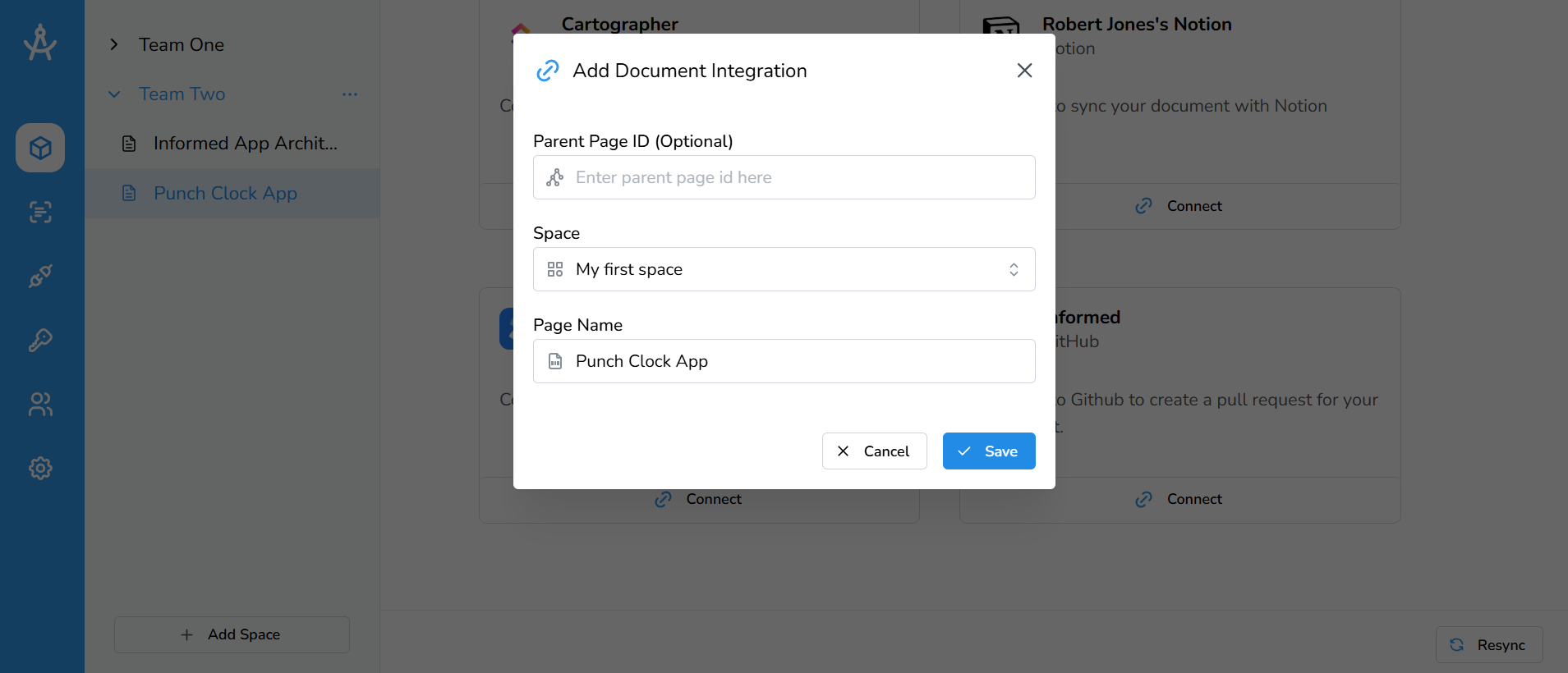 Confluence doc modal